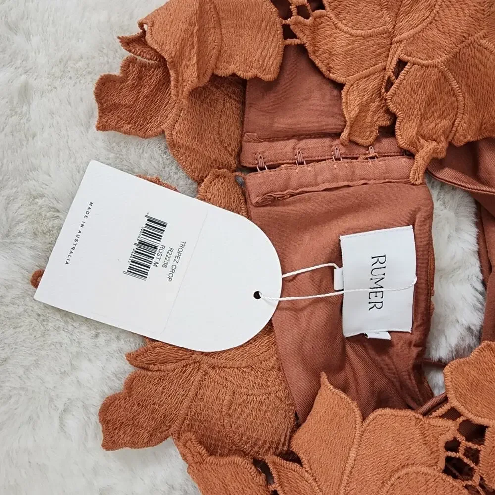 Rumer The Label Tropez Rust Orange Floral Lace Asymmetric Crop Top Medium NWT - Picture 7 of 13